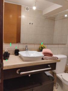 a bathroom with a sink and a mirror and a toilet at Apartamento 1D 1 B Metro Manuel Montt in Santiago
