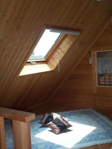sypialnia na drewnianym poddaszu z oknem w obiekcie Cottage Mogi Log House w mieście Nasu