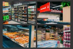 a collage of four pictures of a grocery store at EastWest Nest Sarajevo in Vogošća
