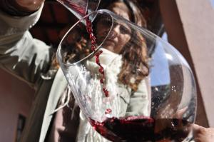 a woman is holding a glass of red wine at Casagrande Hotel de Adobe in Tinogasta