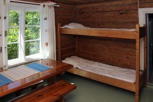 サロにあるVuohensaari Camping Ahtela's cottageの二段ベッド2台とテーブルが備わる客室です。