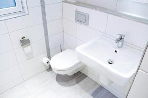 La salle de bains blanche est pourvue de toilettes et d'un lavabo. dans l'établissement Hoofer Apartments, à Schauenburg