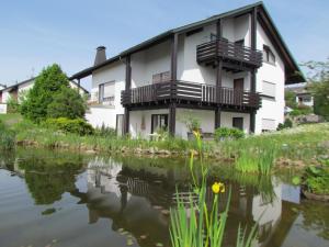 ein Haus mit einem Teich davor in der Unterkunft Ferienwohnung Schleibinger in Laufenburg