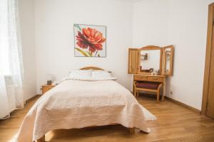 a bedroom with a bed and a dresser and a mirror at Ginger Apartment Riga in Rīga