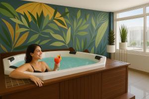 a woman sitting in a bath tub holding a drink at St Isidro Suites Corporate Housing SPA & Wellness Center in Mexico City