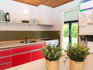 a kitchen with red cabinets and two potted plants at Cozy Sauna House with BBQ - By Traum Ferienwohnungen in Fanø +24 photos