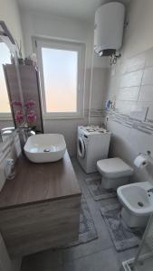 a bathroom with a toilet and a sink and a washing machine at La dimora di Matteo in Marina di Montenero +10 photos