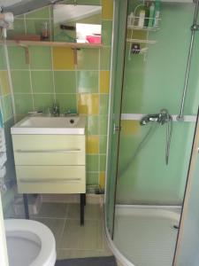 Un baño con ducha, lavabo e inodoro. en Cryste Marine, en Granville