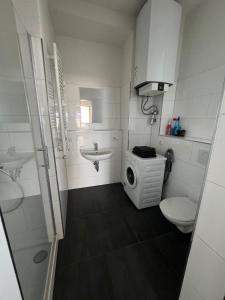 a bathroom with a toilet sink and a washing machine at 2 Bedroom Apartment at Grenzach train station in Grenzach-Wyhlen