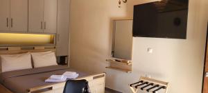 a bedroom with a bed with a tv and a chair at Mountain view in Volos