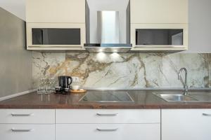 シビウにあるLUNA Residence Sibiu 1の白いキャビネットとシンクのあるキッチン