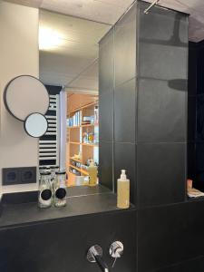 a bathroom with a sink and a mirror at zons22 I TheTinySpace Architekten Apartment im Denkmal in Dormagen +11 photos