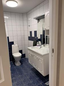 a bathroom with a white sink and a toilet at Bergtun's Corner - Sotra Vest in Sekkingstad