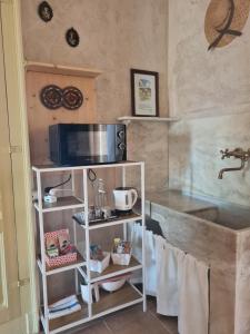 a kitchen with a counter and a microwave at A casa di Bianca in Portacomaro
