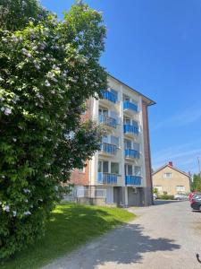 an apartment building with blue balconies and a tree at Chic nordic flat in Vaasa in Vaasa +15 photos