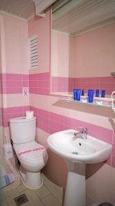 Baño de color rosa con aseo y lavamanos en Beach Hotel Kapahi, en Pefkari 89 fotos más