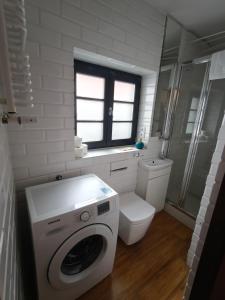 a bathroom with a washing machine and a toilet at Apartament Dominikańska 6 in Toruń