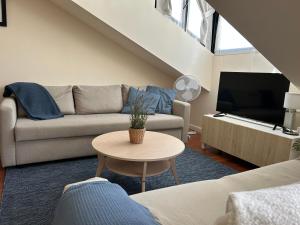 salon z kanapą i telewizorem w obiekcie Ático en el centro de Llanes w mieście Llanes