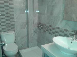 a bathroom with a toilet and a sink and a shower at Hotel Petras Beach in Sitia