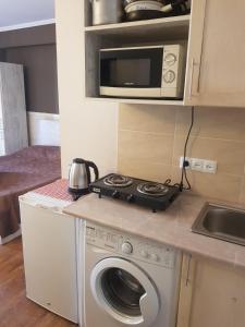 a kitchen with a washing machine and a microwave at Bakuriani Mgzavrebi in Bakuriani