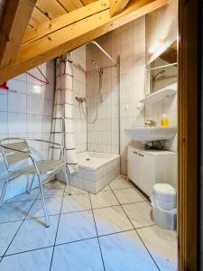 a bathroom with a shower and a sink and a chair at Ins Scholze große und kleine Ferienwohnungen in Albersbach in Rimbach
