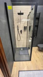 une douche dans une salle de bain avec une porte vitrée dans l'établissement Suite del Corso, à Ficarazzi 41 autres photos