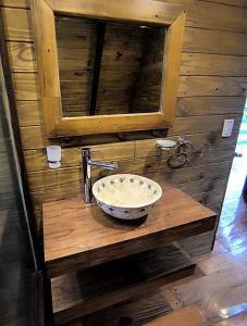 a bathroom with a bowl sink on a wooden counter at casa alpina Maxi premiun in Tigre +31 photos