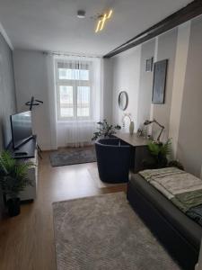 a living room with a bath tub and a television at Wohnung in Leoben Zentrum Zwischen Hauptplatz und Stadtpark in Leoben