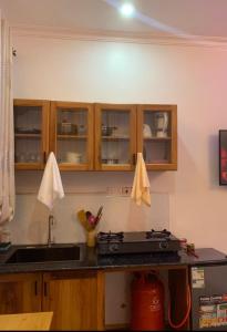 a kitchen with a sink and a stove and cabinets at Freetime zone in Dar es Salaam
