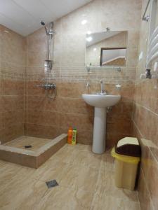 a bathroom with a sink and a shower and a toilet at Giorgi's Guest House in Stepantsminda