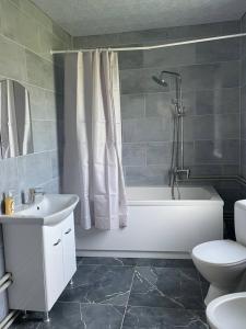 a bathroom with a tub and a toilet and a sink at Black & White House in Mykulychyn