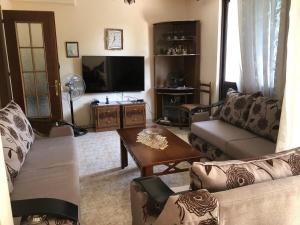 a living room with a couch and a tv at Grandmas Apartment in Shkodër