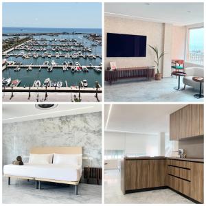 a collage of photos of a hotel room with boats at Kyuu 3 Apartamento con Vistas al Puerto Marítimo in Santa Pola
