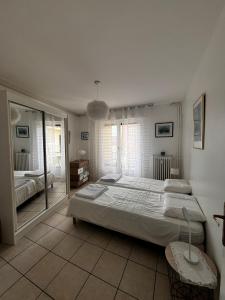 a bedroom with a large bed and a mirror at Le Catalogne 3 in Perpignan