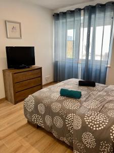 a bedroom with a bed and a flat screen tv at L indémodable rénové spacieux et lumineux avec 2 chambres in Sarrebourg +15 photos