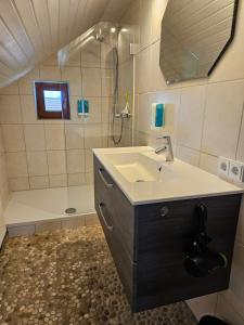 un bagno con lavandino e doccia di Charmantes Landhaus mit Garten - Nähe Alpen und Seen a Penzberg