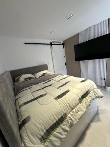 ein Schlafzimmer mit einem großen Bett in einem Zimmer in der Unterkunft Apartmento Lecheria 3 hab 2 baños Moderno hasta 8 personas in El Morto de Barcelona