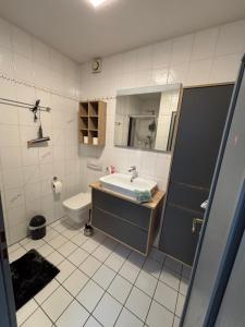 a bathroom with a sink and a toilet and a mirror at Ferienwohnung am Flughafen in Braunschweig +10 photos