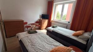 a hotel room with two beds and a window at Cozy Duo in Zduńska Wola