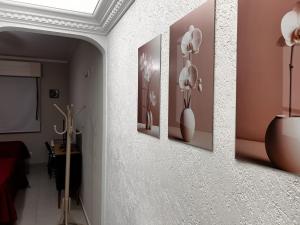 ein Flur mit vier Blumenbildern an der Wand in der Unterkunft Cavalinho Branco in Águas de Lindóia