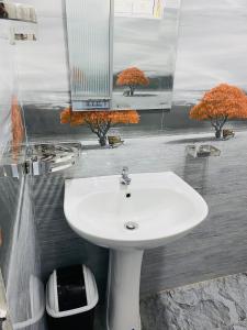 a white sink in a bathroom with trees on the wall at Ella Hidden Ferns in Ella