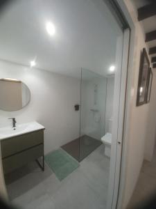 a bathroom with a shower and a sink and a toilet at Casa Gafura in Barro +20 photos