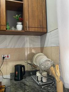 encimera de cocina con tendedero y vajilla en Luxury Stay Ug, en Namugongo