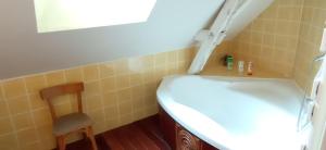 a bathroom with a sink and a mirror and a chair at Gîte 3 chambres dans Longère aux Rosiers-sur-Loire in Le Thoureil