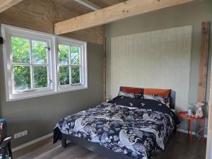 a bedroom with a bed and two windows at B&B De Vretberg in Enschede