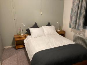 ein Schlafzimmer mit einem Bett mit weißen Laken und Kissen in der Unterkunft Leentjes plek in Hoogersmilde