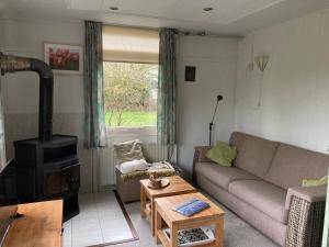 ein Wohnzimmer mit einem Sofa und einem Holzofen in der Unterkunft Leentjes plek in Hoogersmilde