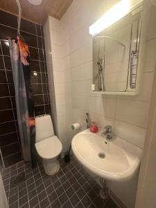 a bathroom with a sink and a toilet and a mirror at Prime CityNest in Helsinki