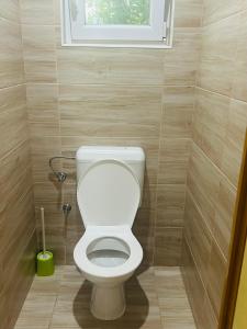 a bathroom with a white toilet with a window at Tenisz vendégház in Ordacsehi +7 photos