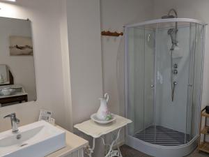 a bathroom with a shower with a sink and a mirror at La maison Vigneronne de Ferdinand à 8mn de Carcassonne in Rouffiac-dʼAude +13 photos